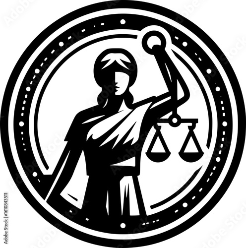 Minimalist black and white judge icon with gavel, clean lines and modern style, ideal for legal stickers, logos, or digital designs.