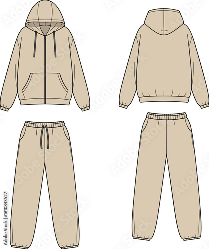 Cad drawing flat vector illustration of beige hoodie and sweatpants set, casual tracksuit outfit front and back view, comfy loungewear fashion