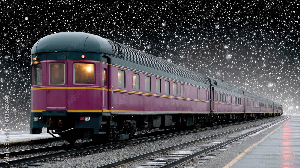 Fototapeta premium Vintage Train Journey Through Snowy Night on Railroad Tracks