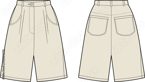 CAD drawing flat vector illustration of beige pleated shorts, front and back views, button closure, side and patch pockets, stitched layout, fashion sketch, garment template
