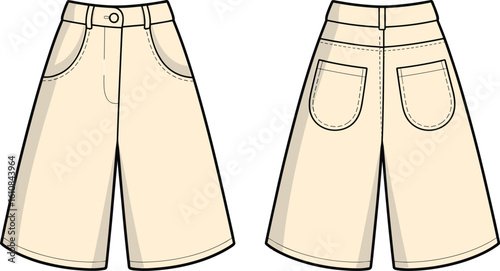 CAD drawing flat vector illustration of beige shorts, front and back views, stitching detail, casualwear fashion sketch, garment layout, clothing template, stylish apparel design