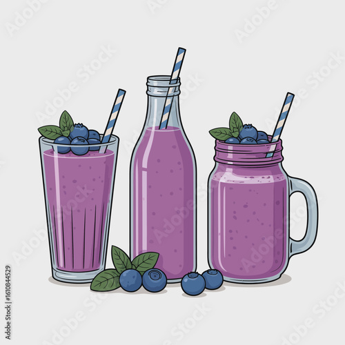 Three refreshing blueberry smoothies in different glasses with fresh berries