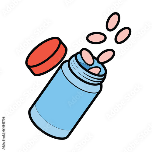 Open blue pill bottle with red cap and falling pink pills