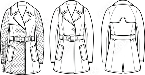 CAD drawing flat vector illustration of belted coat, front back and side views, flap pockets, structured silhouette, detailed sketch, fashionable outerwear, garment layout, clothing template