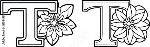 T letter Floral Alphabet Hand-drawn outline Illustration.