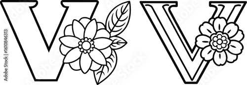V letter Floral Alphabet Hand-drawn outline Illustration.