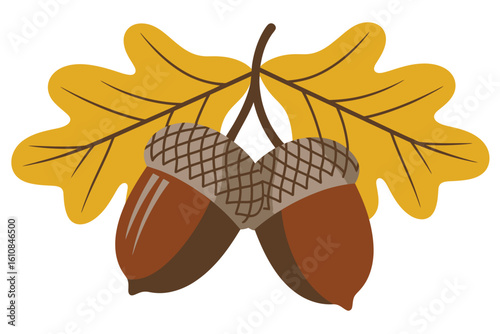 Two brown acorns with textured caps hanging from a stem with two yellow oak leaves