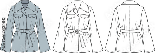 CAD drawing flat vector illustration of belted jacket, front and back views, long sleeves, flap pockets, technical fashion sketch, garment template, stylish outerwear, clothing layout