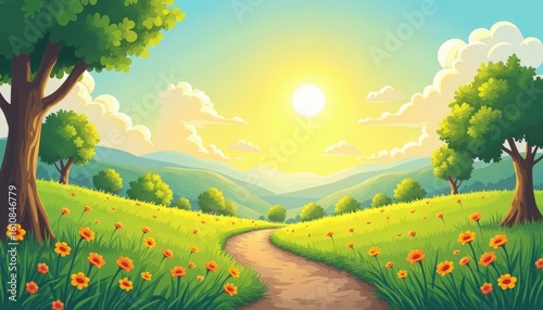 Radiant Sun Over a Winding Path in a Cheerful, Stylized Meadow