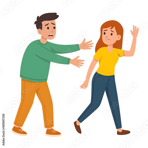 Sad Cartoon Man Pleading While Woman Walks Away in Emotional Scene