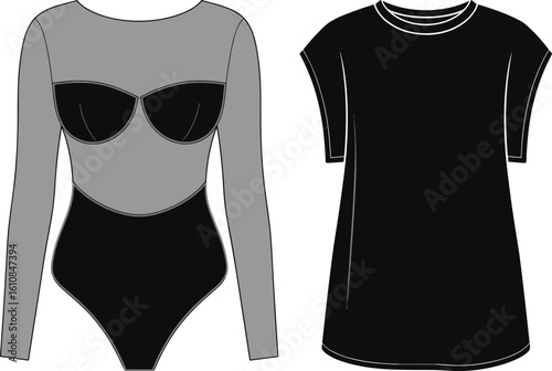CAD drawing flat vector illustration of black t-shirt and long sleeve bodysuit, essential wardrobe basics, front view fashion design, cozy apparel template, clothing sketch layout