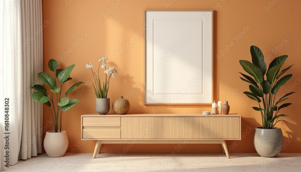 Fototapeta premium Warm Hues and Natural Elements: Stylish Living Room with Wooden Furniture and Plants
