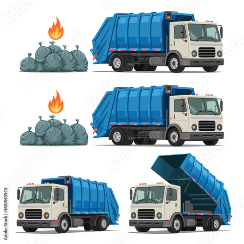 Collection of garbage trucks and trash bags with flames