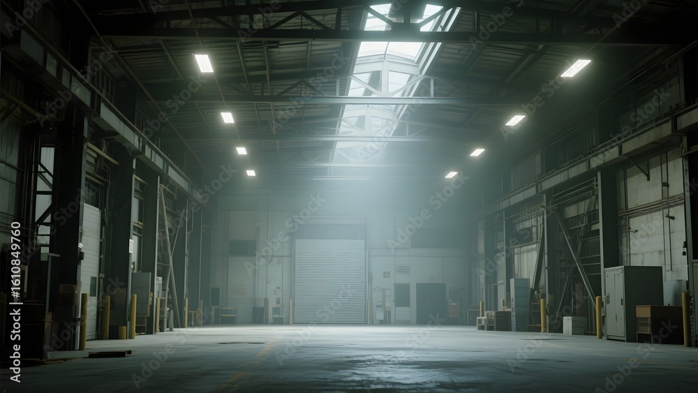 Obraz premium Empty Industrial Warehouse with Soft Lighting and Dust Particles