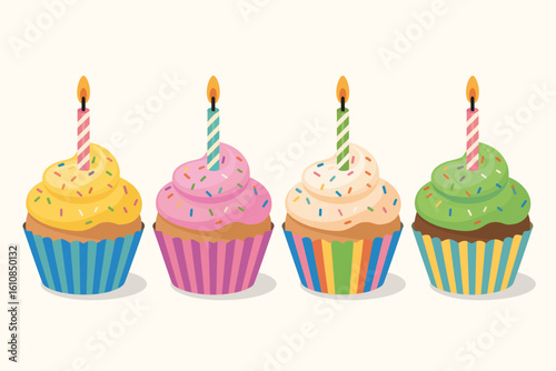 Four colorful cupcakes with lit birthday candles in a row