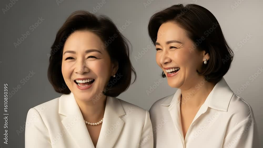 Two Asian Women Smiling Joyfully in White Outfits on Gray Background Studio Portrait Two Asian Women Smiling Joyfully in White Outfits on Gray Background Studio Portrait