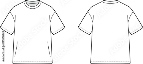 CAD drawing flat vector illustration of blank t-shirt, front and back view layout, fashion template, apparel design, clothing sketch, technical outline
