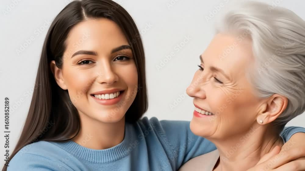 Two Smiling Women in Blue Sweaters Embrace with a White Background Celebrating Family Love and Connection Two Smiling Women in Blue Sweaters Embrace with a White Background Celebrating Family Love and Connection