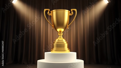 Golden trophy displayed on a white podium under spotlights
