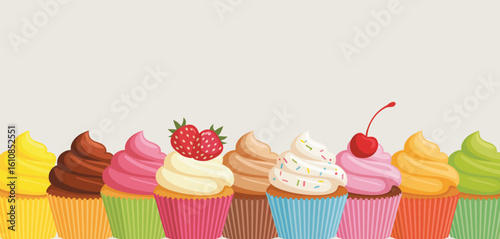 Colorful row of delicious cupcakes with frosting and toppings