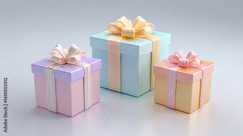 Obraz premium Three pastel colored gift boxes with ribbon bows arranged on a light gray surface