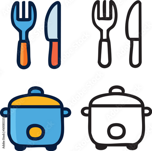 A set of kitchen utensil icons, including a fork, knife, and a rice cooker, shown in both color and simple outline styles.