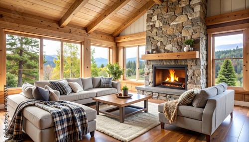 Cozy cabin living room with stone fireplace, wood ceiling, and mountain view.