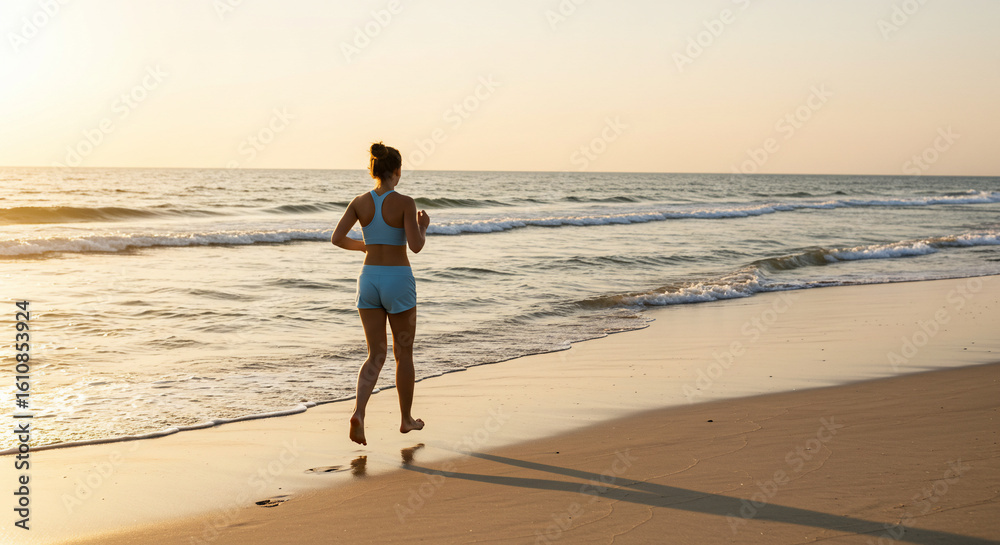 A woman in athletic wear runs along a sandy beach towards the ocean at sunrise or sunset. A woman in athletic wear runs along a sandy beach towards the ocean at sunrise or sunset.