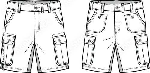 CAD drawing flat vector illustration of boys' cargo shorts with flap pockets, technical fashion sketch for summer wear, detailed front and back view template