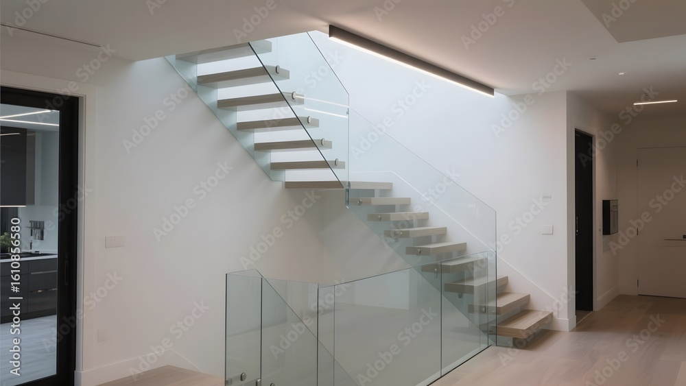 Fototapeta premium Modern Staircase with Glass Railing in a Contemporary Home