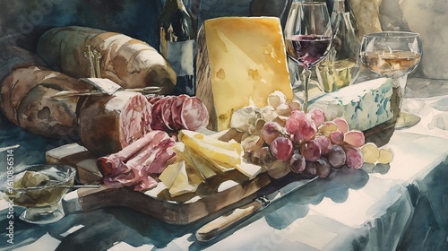 Watercolor still life: gourmet cheese, charcuterie, grapes, and wine.
