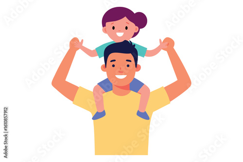 A father gives his daughter a piggyback ride isolated on white background