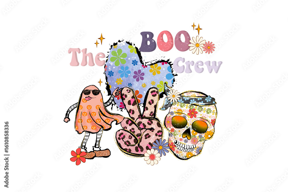 Naklejka premium The boo crew celebrates halloween with a retro vibe, Sublimation Design isolated on transparent background