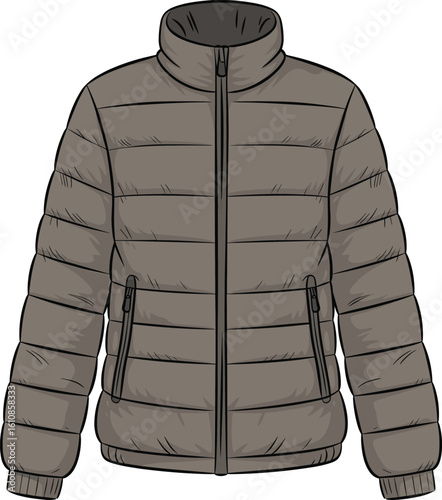 CAD drawing flat vector illustration of brown puffer jacket, padded sections, zip closure, high collar design, warm cozy winter garment layout