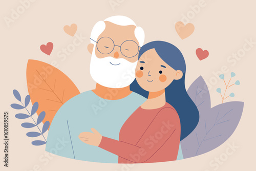 A granddaughter embraces her grandfather with love and affection