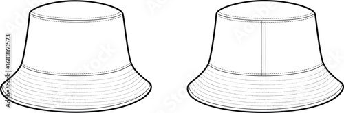 Cad drawing flat vector illustration of bucket hat, front and back view, fashion accessory design, stitched brim detailing, unisex summer hat, headwear technical sketch.