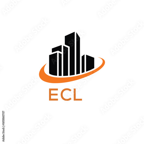 Modern Real Estate Building Logo with Urban Skyline and Orange Arc – ECL Construction or Property Brand Identity.
