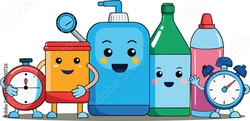 Five cartoon bottles and two alarm clocks with happy faces illustration