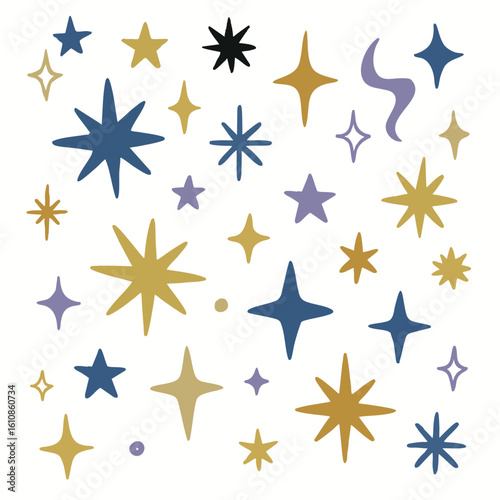 Colorful stars and shapes create whimsical pattern on white background