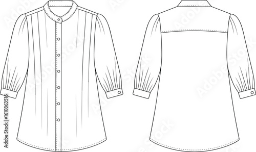 CAD drawing flat vector illustration of button-up shirt design, classic collar, long sleeves, fashion garment layout, front back sketch viewsCAD 