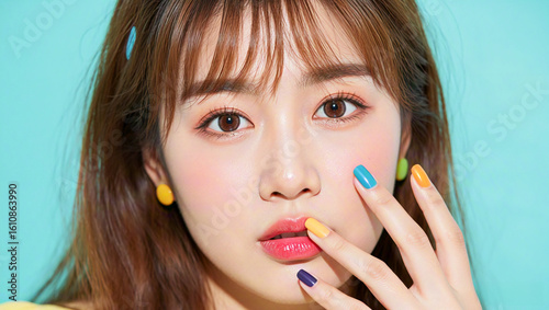 Young oriental woman showing her colorful nails