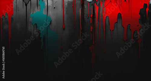 Dark Dripping Paint Abstract Background with Red and Teal Accents