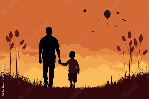 A father and son walk together at sunset in silhouette