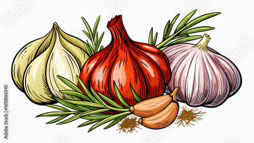 very Beautiful  close up Garlic, rosemary and pepper white background