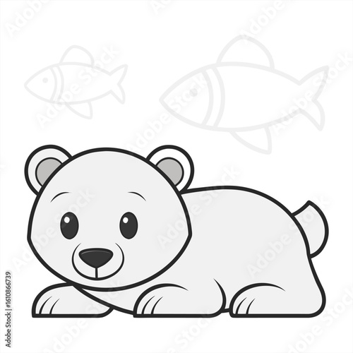 Flat bear cub with fish silhouette overlay.