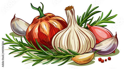 very Beautiful  close up Garlic, rosemary and pepper white background