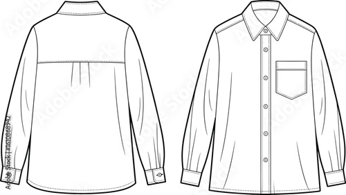 CAD drawing flat vector illustration of button-up shirt, pointed collar, double chest pockets, pleated back yoke, stylish garment layout viewsCAD 