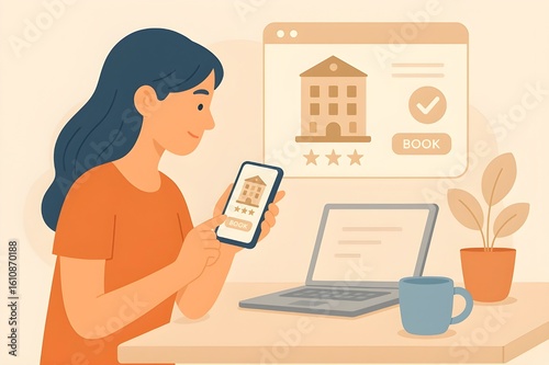 Hotel Booking 2D Illustration of Woman Reserving a Room Online
