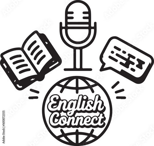 English Connect Resources A Digital Illustration Featuring an Open Book, Microphone, Speech Bubble and Globe