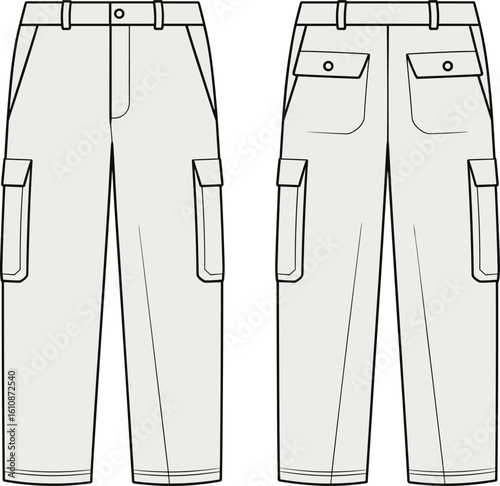 CAD drawing flat vector illustration of cargo jogger pants, front and back view, flap pockets, drawstring waist, elastic cuff, fashion layout, garment sketch, clothing design